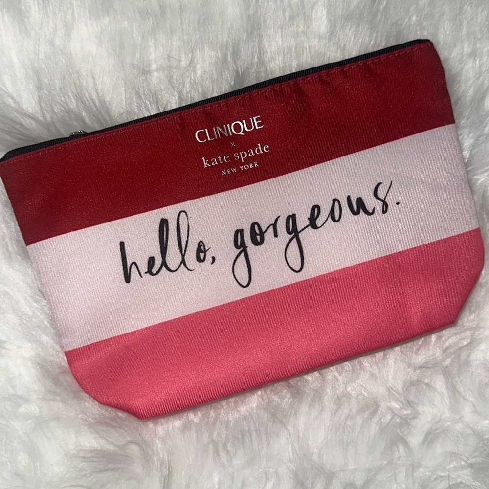 Clinique x Kate Spade Hello Gorgeous Striped Makeup Bag Red Pink Pouch Zippered